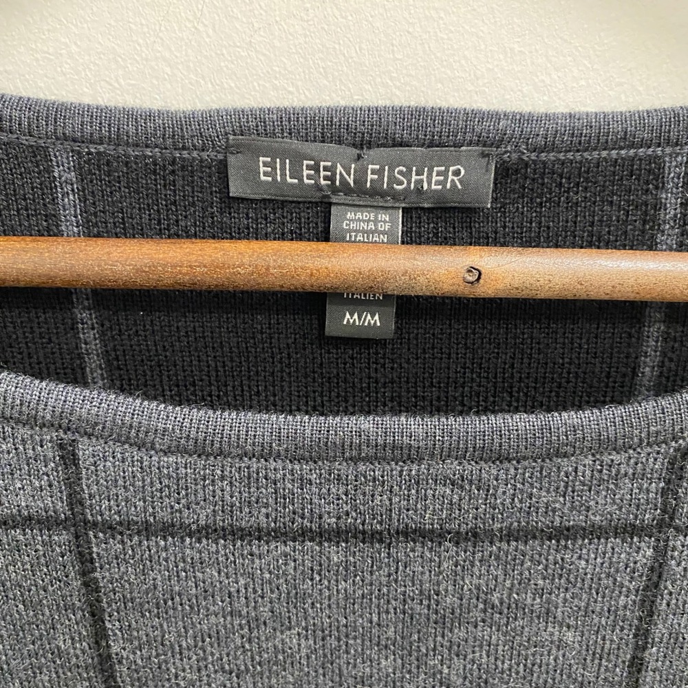 Eileen Fisher Sweater Womens M Grey Windowpane Merino Wool Boat Neck Knit Top - Picture 3 of 6